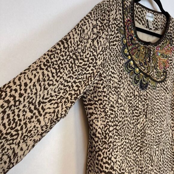 CHICO’S Jacket XL Brown Leopard Print Beaded Sequins Lined Long Sleeve Size 3 - Picture 7 of 12